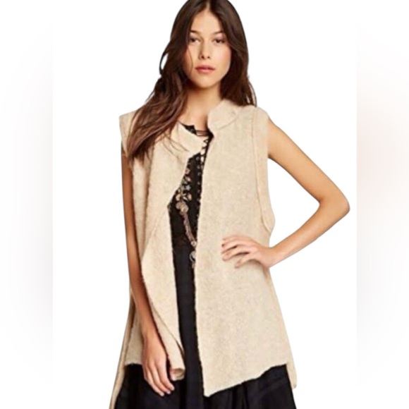 Free People Vest Cream Sleeveless Sweater Vest Long Open Front XS - Picture 1 of 6